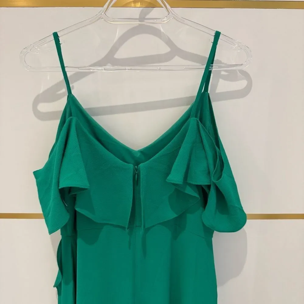 London Times dress green maxi off shoulder ruffle high low holiday party 4